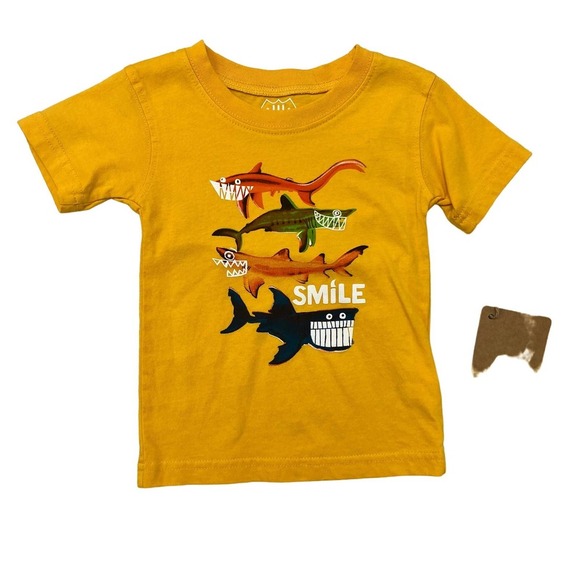 NWT Wes and Willy Yellow Shark Smile Organic Cotton Short Sleeve Tee 18M - Picture 1 of 5